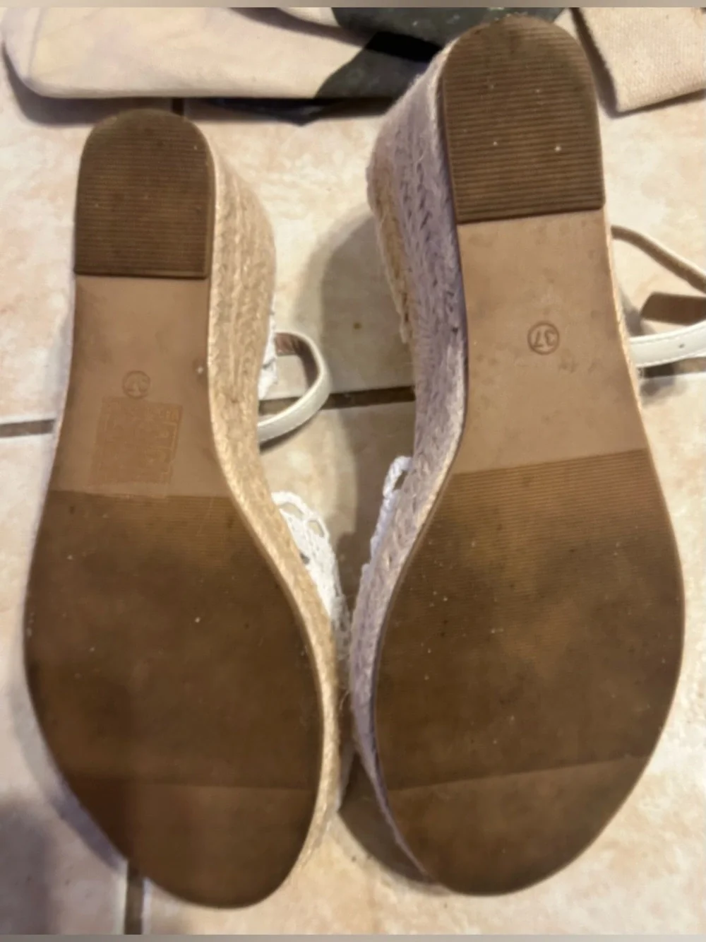 White Crochet  Espadrille Wedge Sandals With An Ankle Strap. 7 - Picture 3 of 4